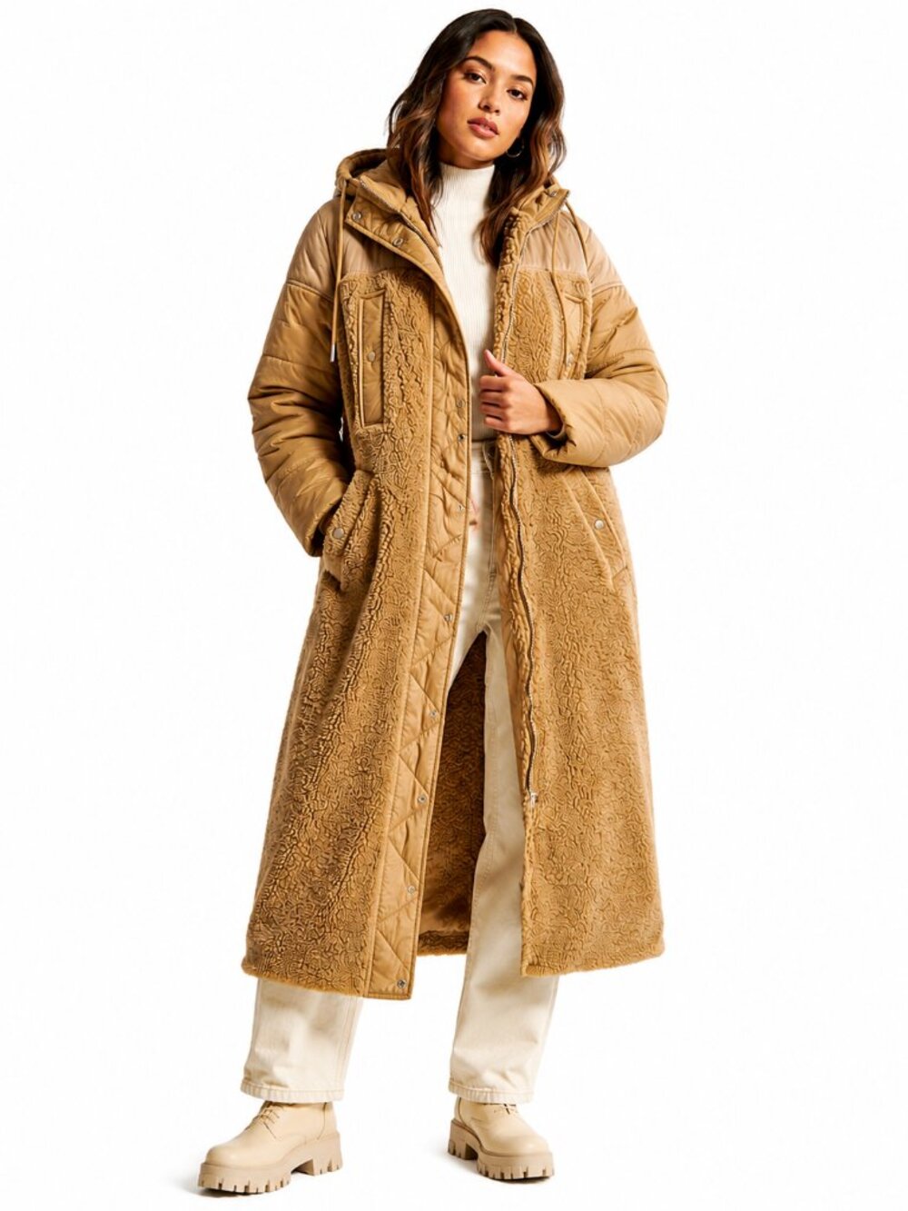Avec Les Filles Women’s L Camel Mixed Media Sherpa Hooded Long Coat NWT